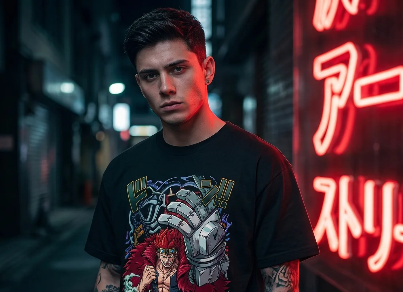 Polera de Fanart Clothing puesta, en un callejón con luces de neón